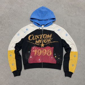 Wholesale Oversize Hoodie Cotton 500Gsm French Terry Vintage Wash Zip Up Rhinestone Patchwork Streetwear High Quality Men Hoodie - Product Image 2