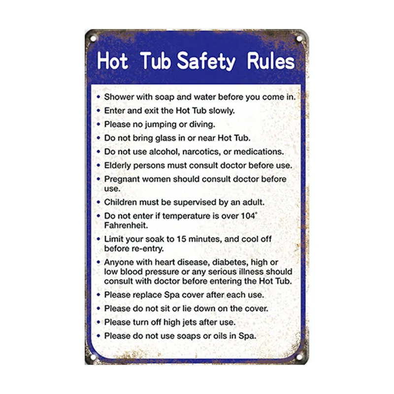 Hot Tub Safety Rules Metal Poster Retro Sign Tin Plate Old Fashion Motorcycle Plaque Pub Bar Garage Home Wall Decor 20*30CM