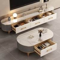 Mueble para TV, Mesa de Centro, Juego de Sala de Estar, Madera, Acero Inoxidable y Mármol, Almacenamiento, Diseño Europeo Moderno y Lujoso