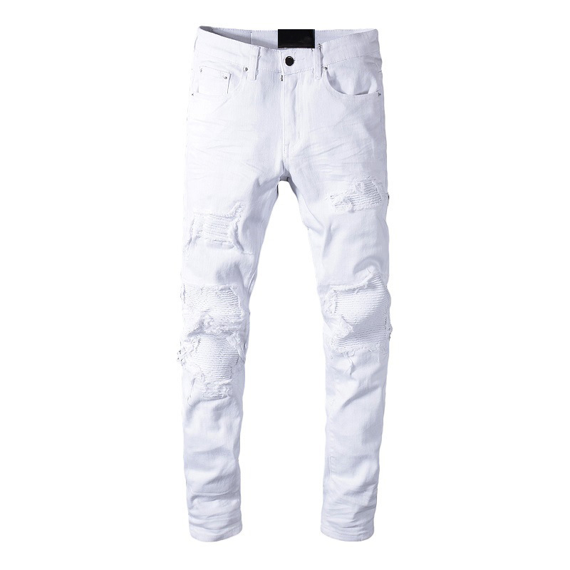 European High Street Male Hole Repair Jeans Motorcycle Pant White Distressed Ripped Jeans Men