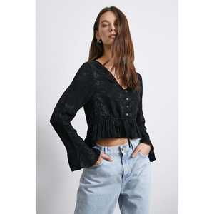 เสื้อเบลาส์คอวีแต่งระบายผ้าชีฟองสีดำสำหรับผู้หญิงสไตล์ลำลองทุกวัน - Product Image 4