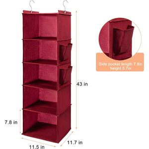Hanging Closet Organizer 5 Tier With 2 Side Pockets <b>Foldable</b> Storage For Clothes Behind Door Red - Product Image 3