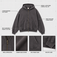 Ensemble de survêtement pour homme 370 GSM en coton et polyester teint à la cire, comprenant un sweat à capuche entièrement zippé et un pantalon avec doublure polaire, pour le streetwear rétro, vente en gros