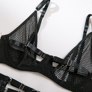 Wholesale Erotic Temptation See-through Fish-net Mesh Lingerie <b>Set</b> <b>Sexy</b> Push up 3-Piece <b>Bra</b> and Panty <b>Set</b> - Product Image 4