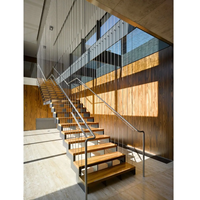 Escalier à double poutre latérale pour villa, en chêne blanc, droit, pour sous-sol, avec poutre latérale en acier