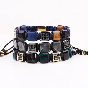 New Fashion 10mm Square Beaded Tiger Eye Agate Natural Stone Braided CZ Charm Men Bracelet Stone With Custom Logo