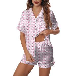 Conjunto de <span class=keywords><strong>pijama</strong></span> de satén con estampado floral para mujer-Verano de punto de dos piezas con mangas cortas Cierre de cintura elástica para la temporada de primavera - Product Image 4