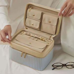 Customized Double Layer Striped <b>Makeup</b> Bag for Women Portable Travel <b>Makeup</b> Toiletry Bag Lychee Pattern <b>Makeup</b> Storage <b>Cases</b> - Product Image 3