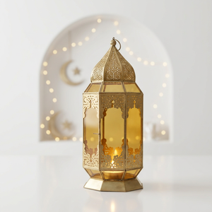 Dernières décorations du Ramadan 2027, lanterne à bougie marocaine en métal doré avec verre jaune pour la maison et les événements - Product Image 2