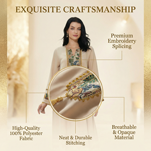 Elegante Vestido Kaftán Árabe Color Albaricoque para Mujer, Jacquard Floral con Borlas, Cuello en V, Estilo Étnico, Maxi Vestido Modesto para Uso Diario - Product Image 3