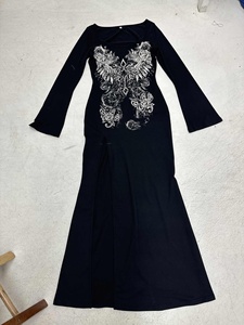 Robe longue maxi moulante pour femme, style américain, imprimé foncé, coupe sirène, avec fente latérale, coupe ajustée, manches évasées, style 'Hot Girl' - Product Image 6