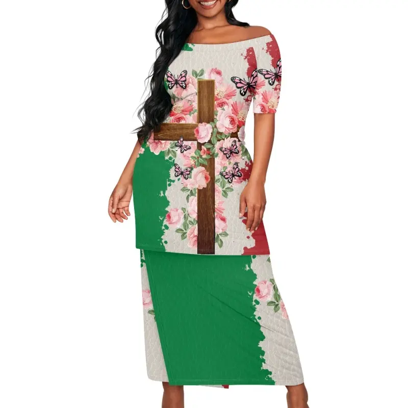 Unique Mexique Drapeau Jésus Croix Fleur Imprimer sur Demande Femmes Hors Épaule Tops Maxi Jupe Puletasi Plus La Taille 2 Pièces Ensemble Vêtements