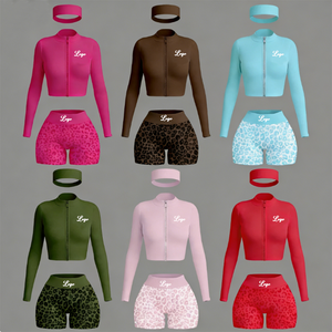 Conjunto Deportivo Casual <span class=keywords><strong>de</strong></span> Dos Piezas para <span class=keywords><strong>Mujer</strong></span>, Shorts Ajustados por Encima <span class=keywords><strong>de</strong></span> la Rodilla con Chaqueta Estampada - Product Image 1