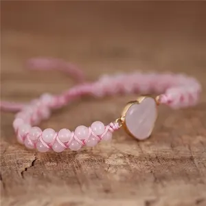 Boho Rose Quartz Heart Charm And Beads Bracelet Boho String Braided Stretch Couples Bracelet Femme Lover Gift Jewelry Wholesale