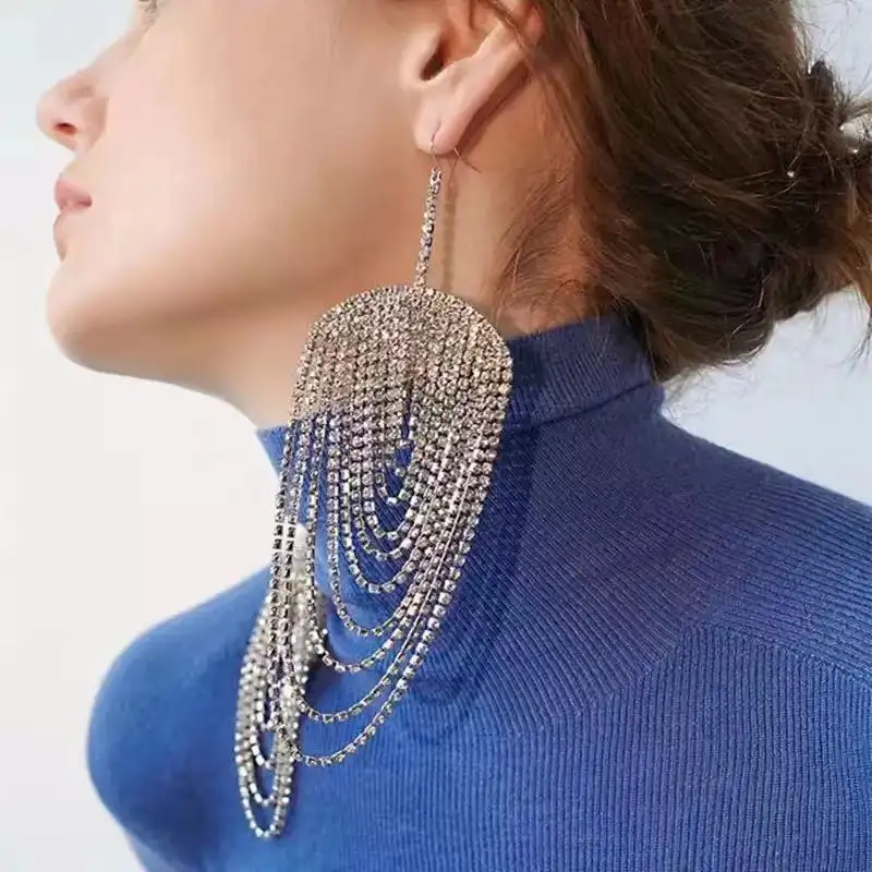 Super Big Exaggerated Luxury Full Rhinestone Tassel Chandelier Earrings Women Long Crystal Chain Dangle Earrings