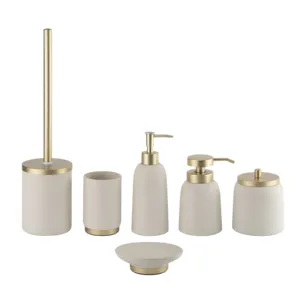 Warna krim 6 buah keramik aksesori kamar mandi warna putih & emas stoneware Lotion pompa Tumbler sabun cuci piring tempat kuas toilet