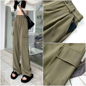New Spring Summer Women Cargo Pants tinta unita <span class=keywords><strong>donna</strong></span> Casual a vita alta pantaloni a gamba larga pantaloni eleganti da <span class=keywords><strong>donna</strong></span> dritti - Product Image 3