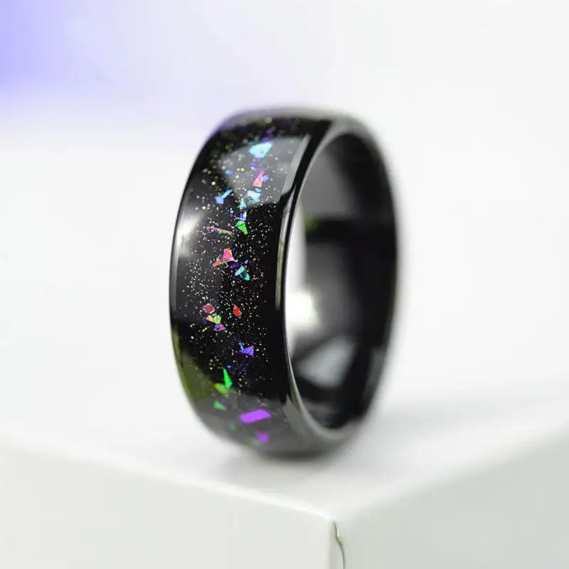 8mm Galaxy Series Created-opal Colorful Blue Green Inlay Wedding Bands IP black Plated Space Galaxy Tungsten Ring for Man