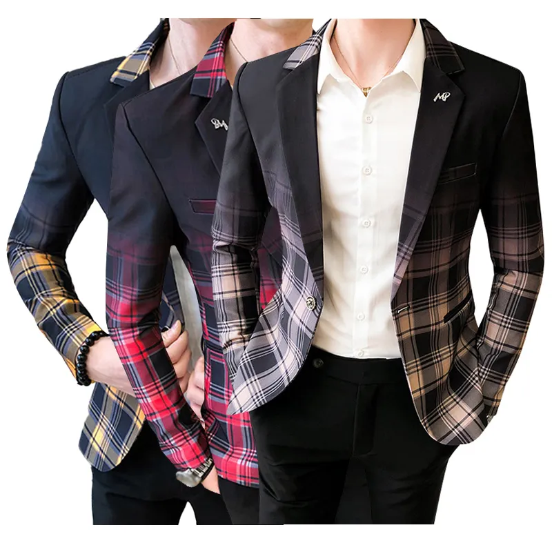 Men Plaid Blazer Fashion Business Casual Men's Slim Suit Jacket Plus Size Wedding Party Club Dress Jackets