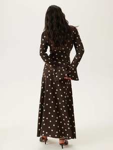 Elegante <span class=keywords><strong>Abito</strong></span> da Donna a <span class=keywords><strong>Pois</strong></span> con Scollo a V, Vita Alta, Maniche Lunghe e Decorazione con Bordo Plissettato in Tinta Unita - Product Image 4