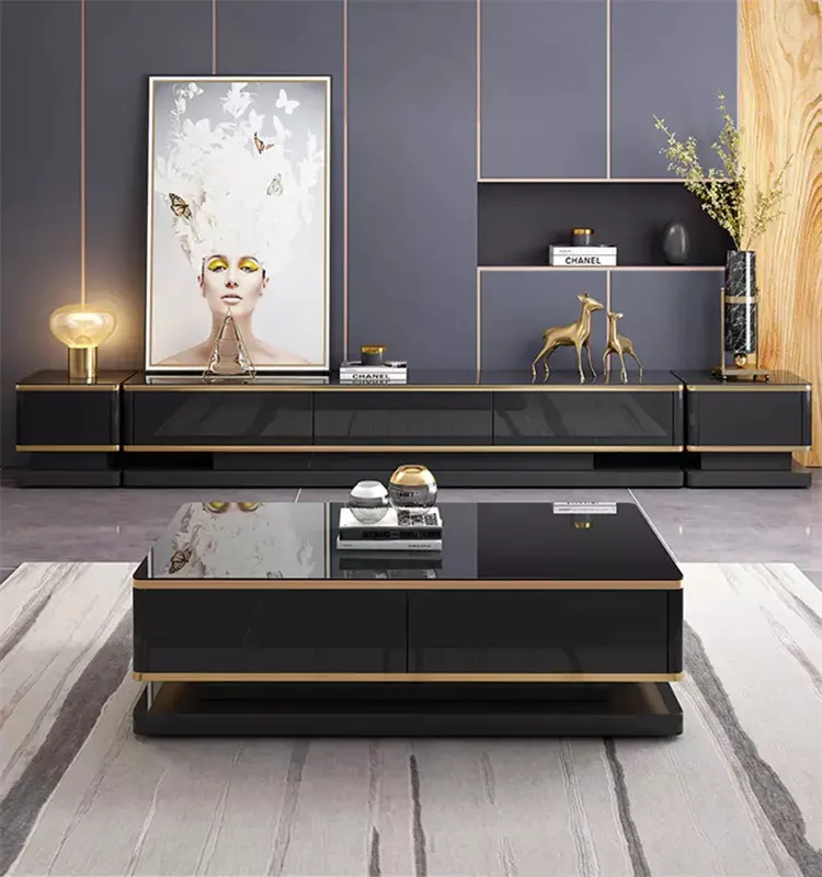 Modernes Wohnzimmer gehärtetes Glas schwarz TV-Tisch TV-Schrank Ständer Regal mit Schubladen Design gute Qualität Möbel