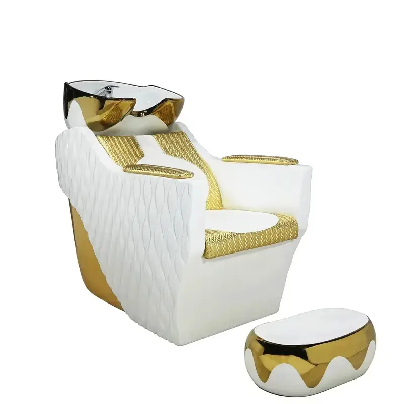 シャンプーベッドシンクバックウォッシュユニットヘアウォッシュ美容ボウルサロン洗濯椅子ホワイト & ゴールド