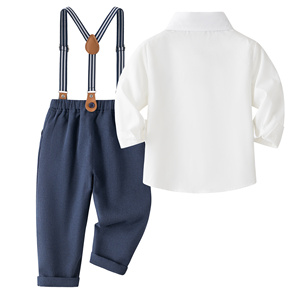 Catpapa Vente en gros Ensemble <span class=keywords><strong>3</strong></span> pièces pour garçons : Chemise blanche, <span class=keywords><strong>pantalon</strong></span> à bretelles bleu marine et nœud papillon – Tenue de cérémonie pour garçon d'honneur - Product Image 2