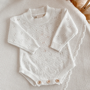Pointelle Romper rajut, Sweater Romper lengan panjang leher Crew untuk bayi baru lahir - Product Image 1