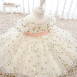 Robe de princesse pour bébé fille d'un an, manches bouffantes brodées, tissu en tulle floral, élégante et moelleuse, première robe de perles pour tout-petits - Product Image 1