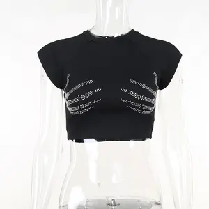 ヴィンテージTシャツ高品質クロップドラインストーントップス女性ホワイトカラーOネックスリムカスタム女性グラフィックTシャツ