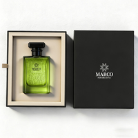Flacon de parfum en verre plat de luxe MARCO 100ML, bouchon géométrique noir et or, vaporisateur à pompe, emballage en carton sérigraphié, logo personnalisé