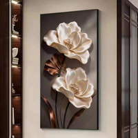 Décoration murale florale texturée moderne pour la maison, art mural vertical pour entrée, fleurs beiges neutres, peinture en porcelaine HD effet cristal