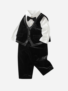 Vêtements pour bébé, garçon en bas âge, velours <span class=keywords><strong>noir</strong></span>, ensemble de 4 pièces, robe de gentleman, barboteuse, veste, pantalon + nœud papillon, costume en coton, 1 an - Product Image 2
