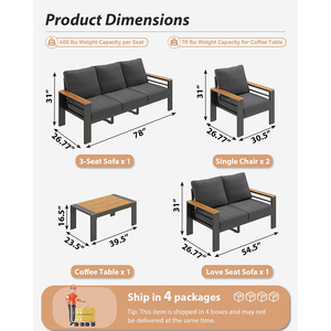 Juego de Muebles de Jardín Dwoo de 5 Piezas en Aluminio Duradero Gris Oscuro Sofá Modular para Patio de 7 Plazas - Product Image 3