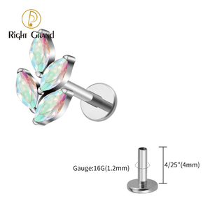 ต่างหูไทเทเนียม ASTM F136 รุ่น Right Grand ขนาด 16G รูปทรงใบไม้ประดับเพชร CZ สำหรับเจาะกระดูกอ่อนหู แบบ Helix, Conch, Lobe ด้านหลังแบบแบน - Product Image 2