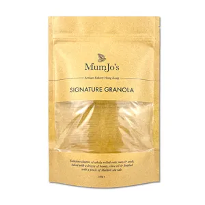 Custom design logo ziplock clear font kraft paper window pouch for granola nuts snack package