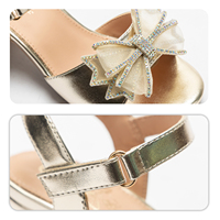 Sandales d'été pour filles à talon carré, bout ouvert, avec nœud en strass dorés et fermeture auto-agrippante, pour mariage et soirée, avec bride de cheville