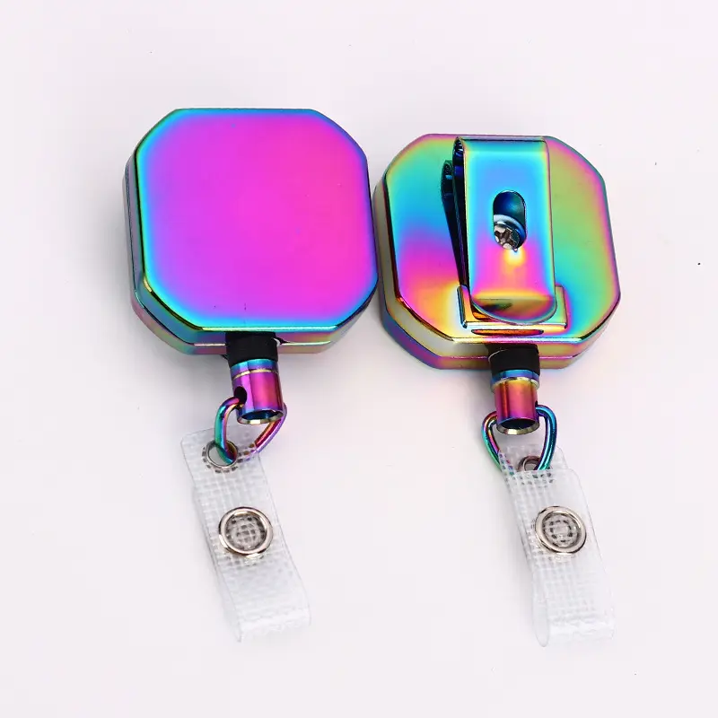 4cm Heavy Duty Tactical ID Reel Pass Key Holder Retract Small Square Rainbow Metal Retractable Keychain Badge Holder