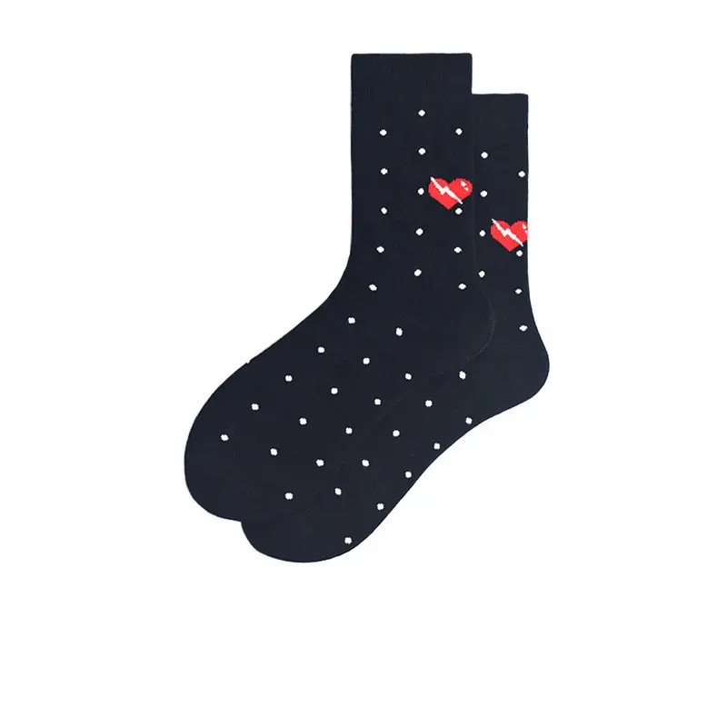 Hot Sale Men's Breathable Socks Red Heart With White Pin Dots Cotton Crew Socks