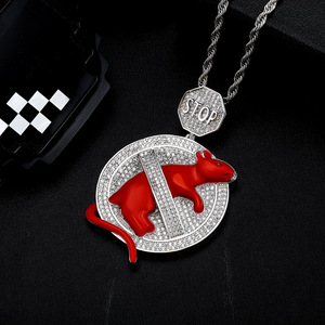 Iced out micro pavé 5A zircone cubique cz hip hop hommes garçon bijoux émail rouge avis No Rats Pendentif Collier - Product Image 3