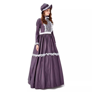 European American Style Women's Long Dark <b>Purple</b> Satin Dress Set With <b>Hat</b> Noblewoman Princess Retro Court Gown Full Sleeve - Product Image 3