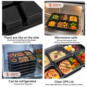 Bandeja Desechable de 1000 ml con 6 Compartimentos de PP para Preparación de Comidas, con Tapa Transparente de OPS, Apta para Microondas - Product Image 3