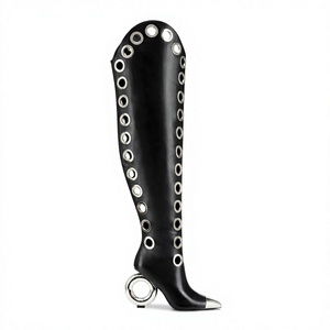 Botas de tacón alto para mujer, estilo punk, con punta, cremallera lateral, diseño hueco, sexy, hasta el muslo, parte superior de fibra superfina, talla grande - Product Image 2