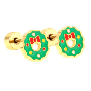 Christmas Wreath <b>Earrings</b> Green Red Bow Gold Plated Studs Women's Fashion Jewelry Gift Occasion Accessory - Product Image 3