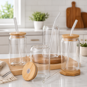 Hot Selling 12 oz 16 oz Borosilicate Glass Pint Tumbler with <b>Bamboo</b> <b>Straw</b> & Lid BPA Free Microwave Safe Thickened Wall - Product Image 2