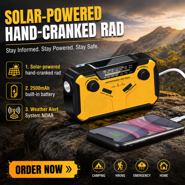 Solar Powered Hand Crank Self Dynamo Generator Multifunctional Emergency Weather Alert NOAA AM/FM SOS Radio Power Bank LED Light