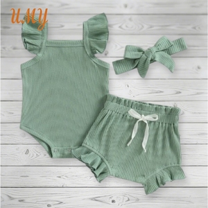 Ensembles de vêtements pour bébé fille d'été 100% coton côtelé Style décontracté Manches courtes Sans manches Combinaison et robe pour tout-petits pour temps chaud - Product Image 4