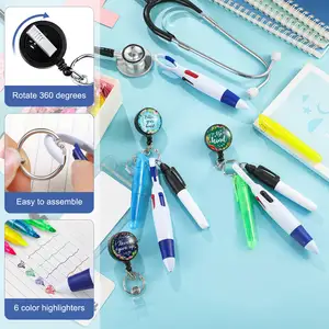 Flower Epoxy Highlighter Ballpoint Pen Nurse Accessories Key Ring Badge Clip Retractable Badge Reel Nurse Pen Set Badge Holder