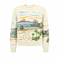 Pull à col rond en coton pour homme, broderie paysage côtier, OEM ODM, tricotage sur mesure