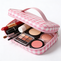 Trousse de Maquillage Rose à Carreaux Vichy avec Poignée, en Polyester Durable et Imperméable, Grande Capacité, Pochette de Voyage pour Articles de Toilette
